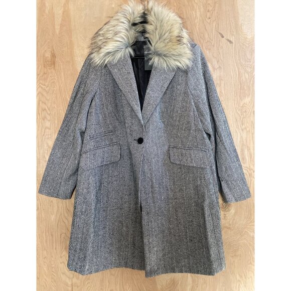 City Chic Sleek Fur Coat Women’s Size S/16 Herringbone Tweed Removable Fur Colla - Picture 1 of 13